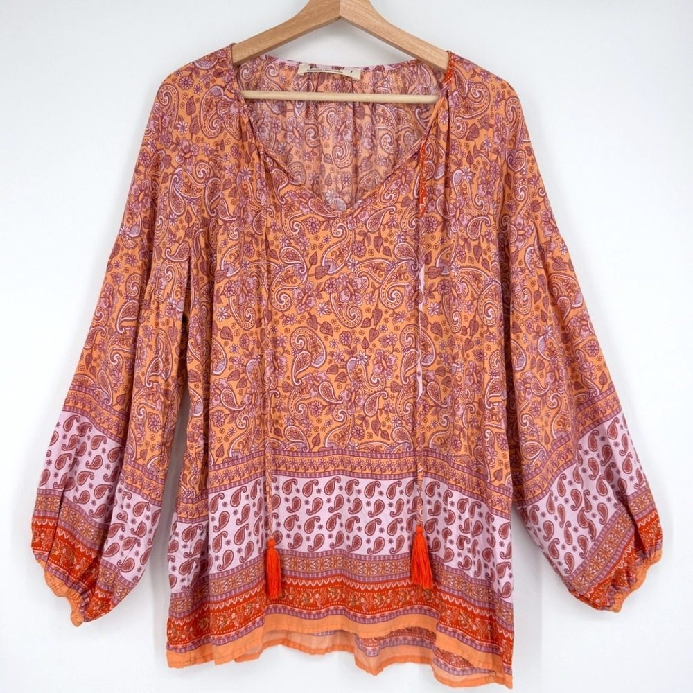 Three Bird Nest Orange Peasant Paisley Tassel Long Sleeve Blouse Top Sz L Boho